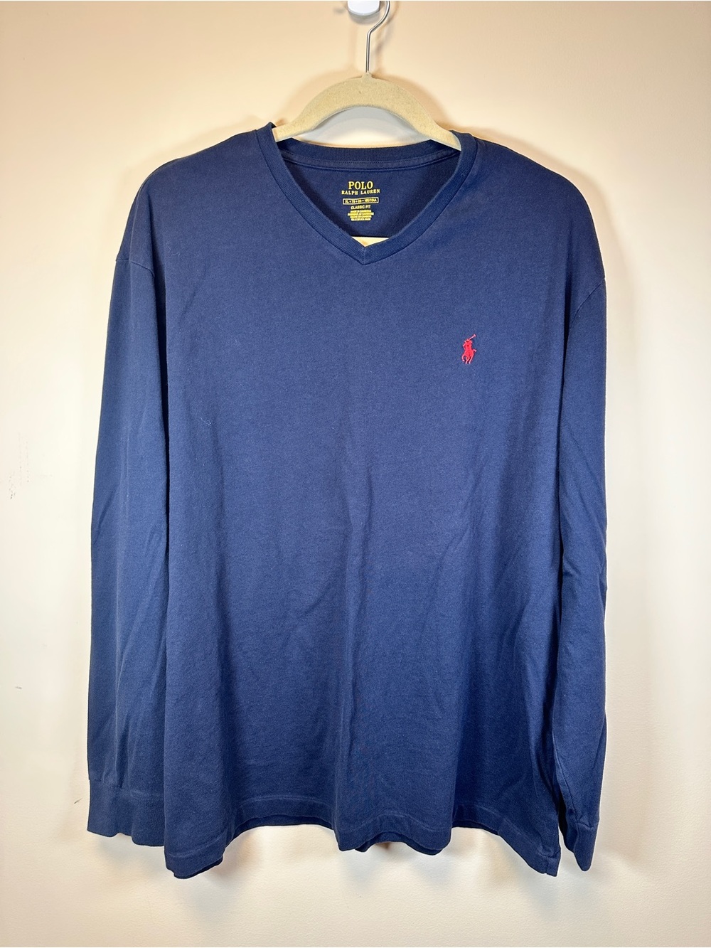 Polo by Ralph Lauren Navy V-Neck Long Sleeve Shirt with Red Pony